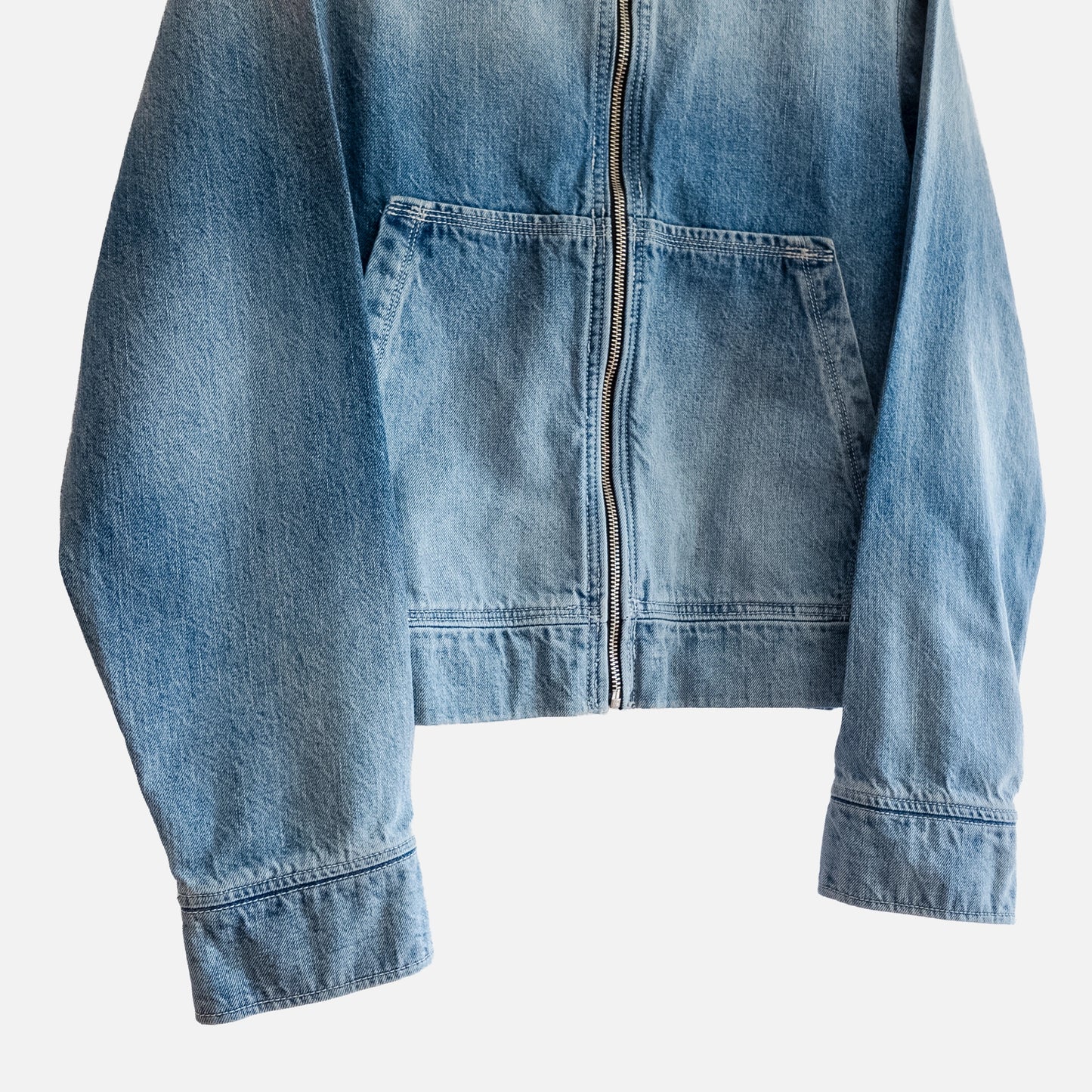 'EKG/PULSE' WASHED INDIGO DENIM ZIP-UP HOODIE