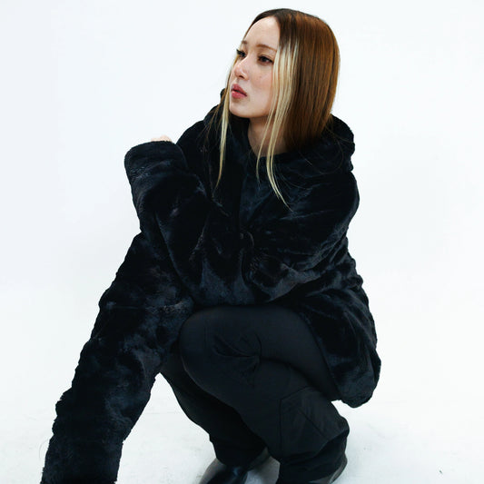 'AMNESIA' OVERSIZED FAUX FUR PULLOVER HOODIE