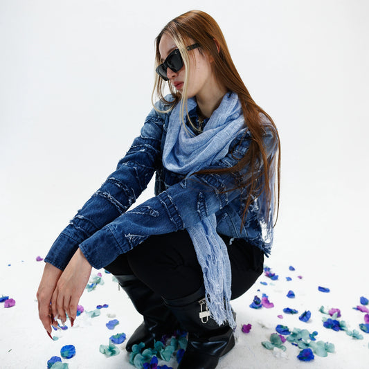 'EAU DE PARFUM' WASHED INDIGO FRAYED DENIM JACKET