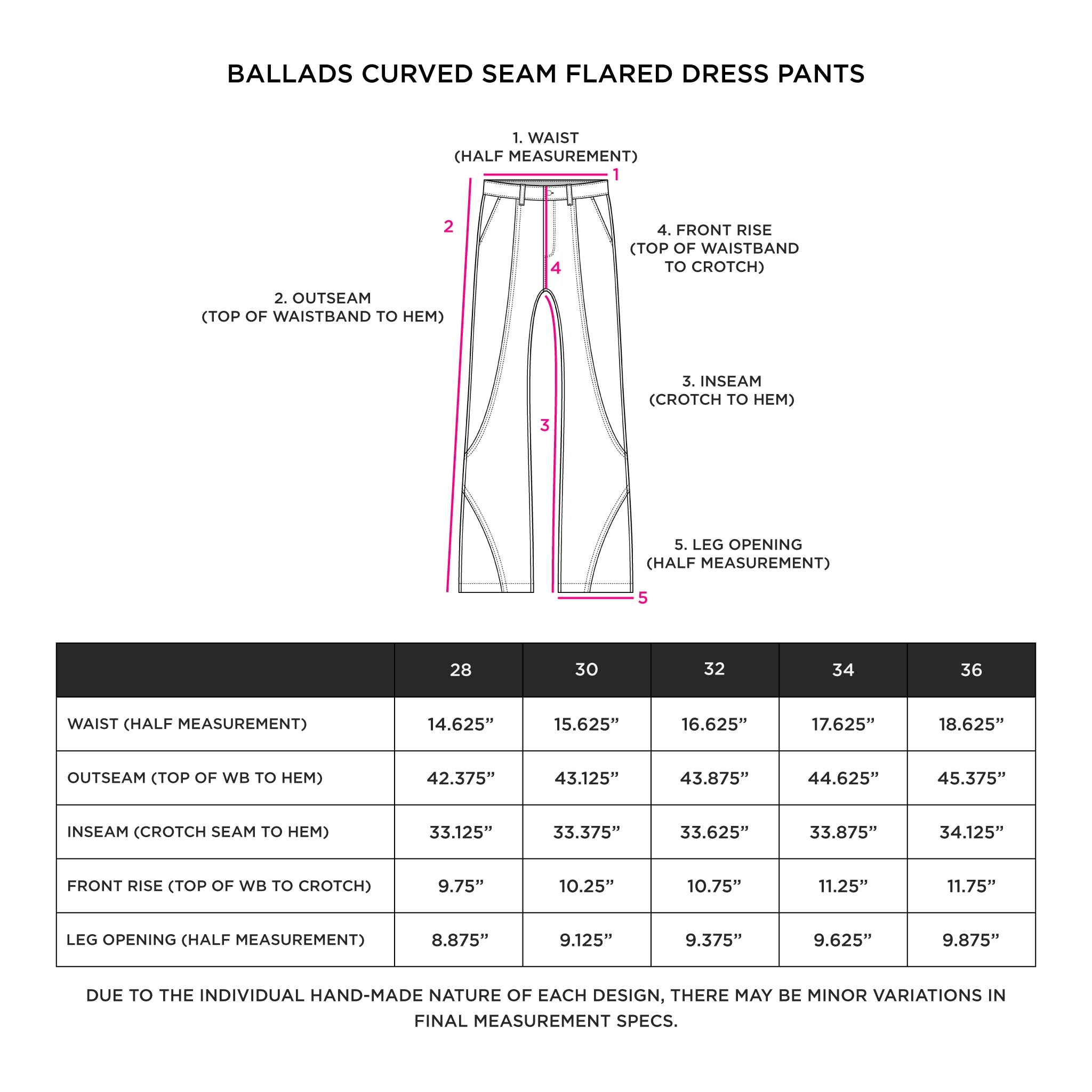 'BALLADS' CURVED SEAM SLIM-FIT FLARED DRESS PANTS Size Guide