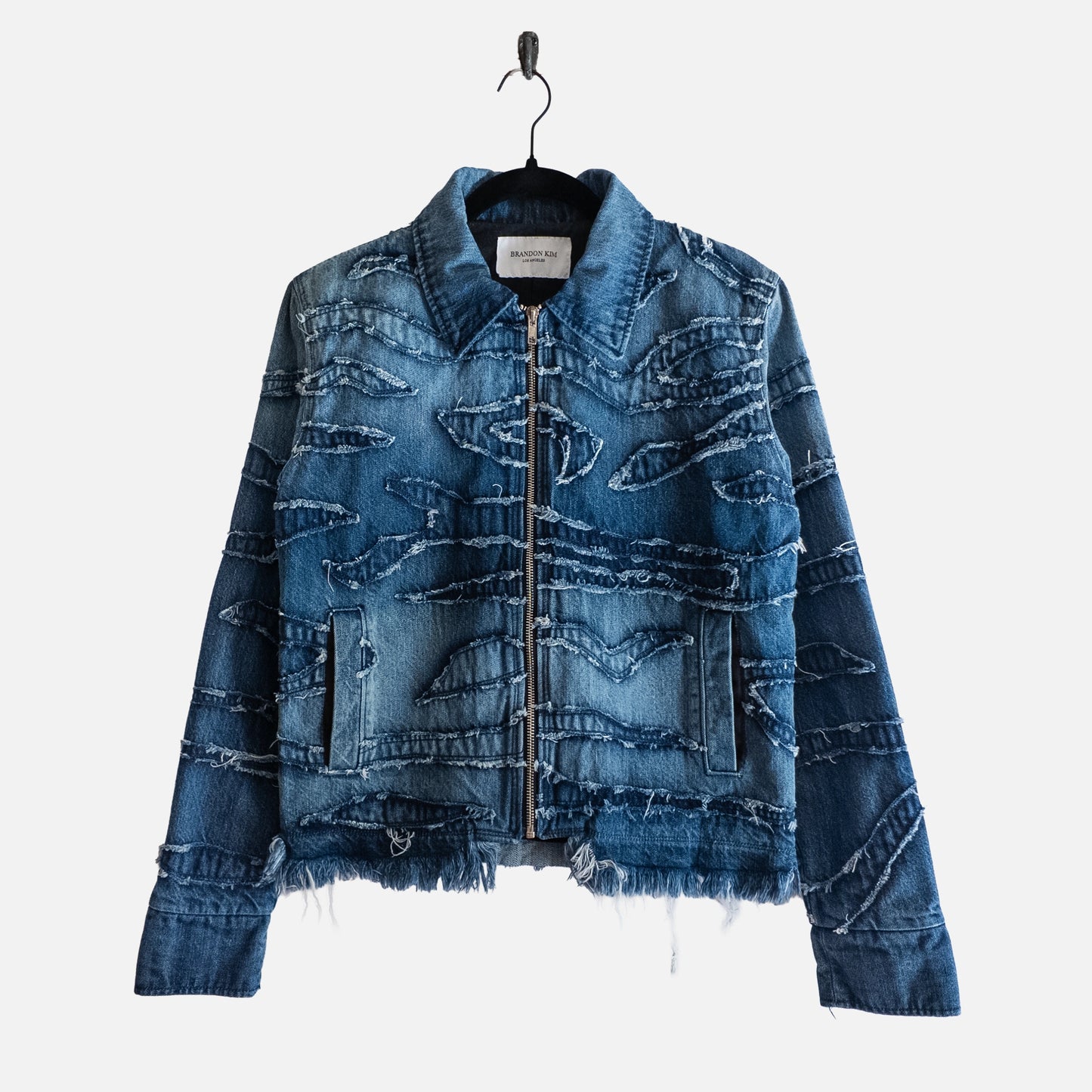 'EAU DE PARFUM' WASHED INDIGO FRAYED DENIM JACKET