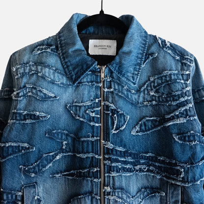 'EAU DE PARFUM' WASHED INDIGO FRAYED DENIM JACKET