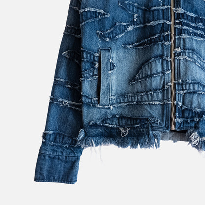'EAU DE PARFUM' WASHED INDIGO FRAYED DENIM JACKET