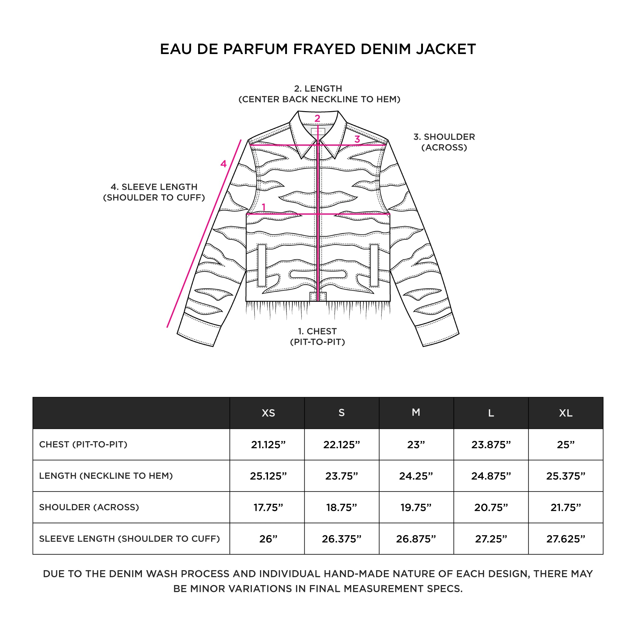 'EAU DE PARFUM' WASHED INDIGO FRAYED DENIM JACKET Size Guide