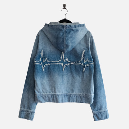 'EKG/PULSE' WASHED INDIGO DENIM ZIP-UP HOODIE