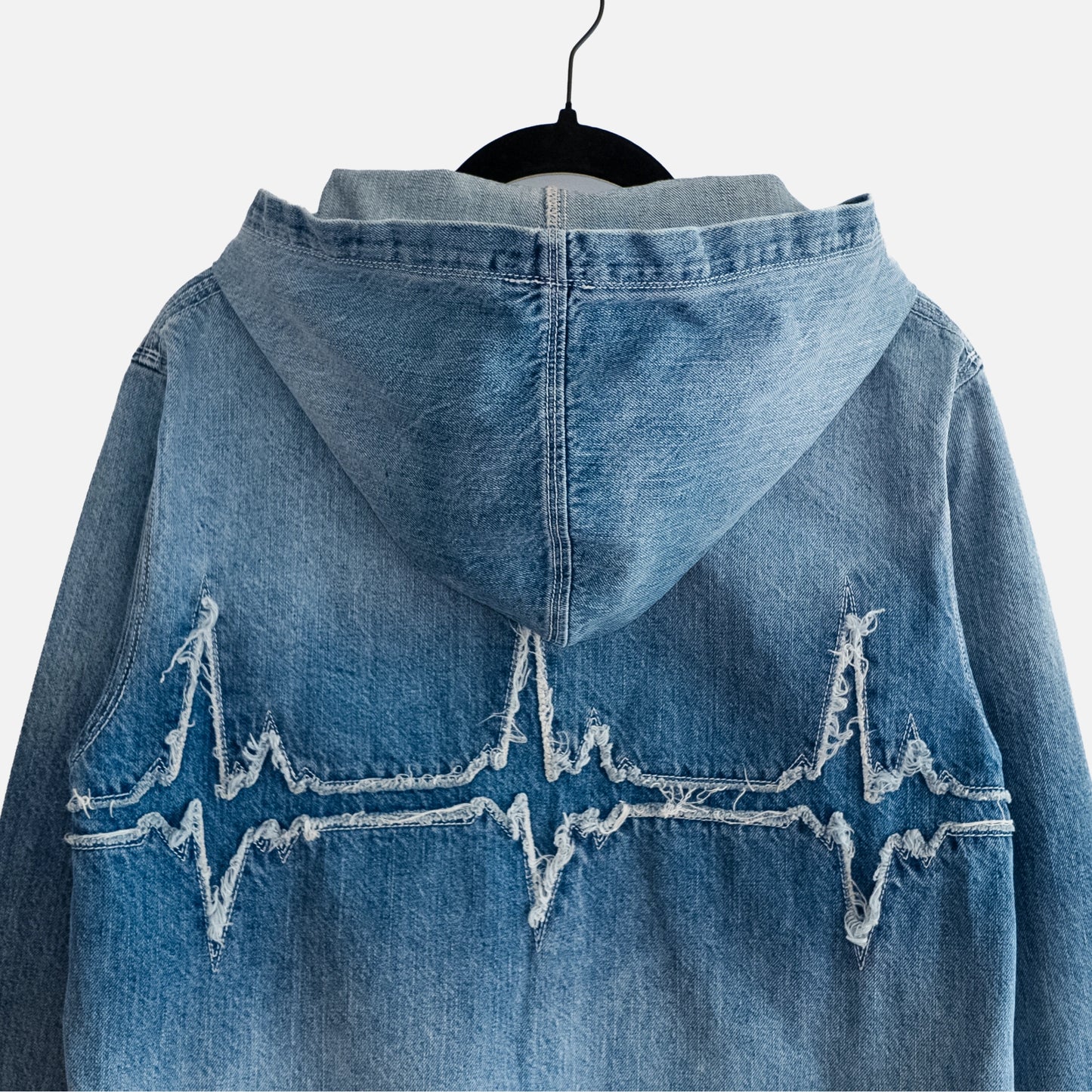 'EKG/PULSE' WASHED INDIGO DENIM ZIP-UP HOODIE