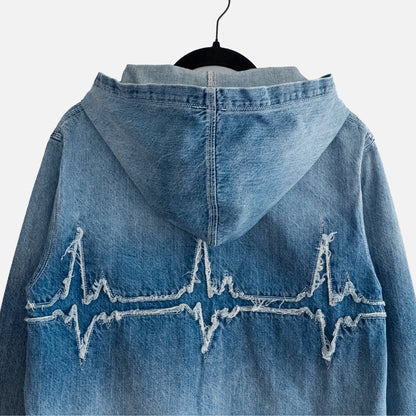 'EKG/PULSE' WASHED INDIGO DENIM ZIP-UP HOODIE