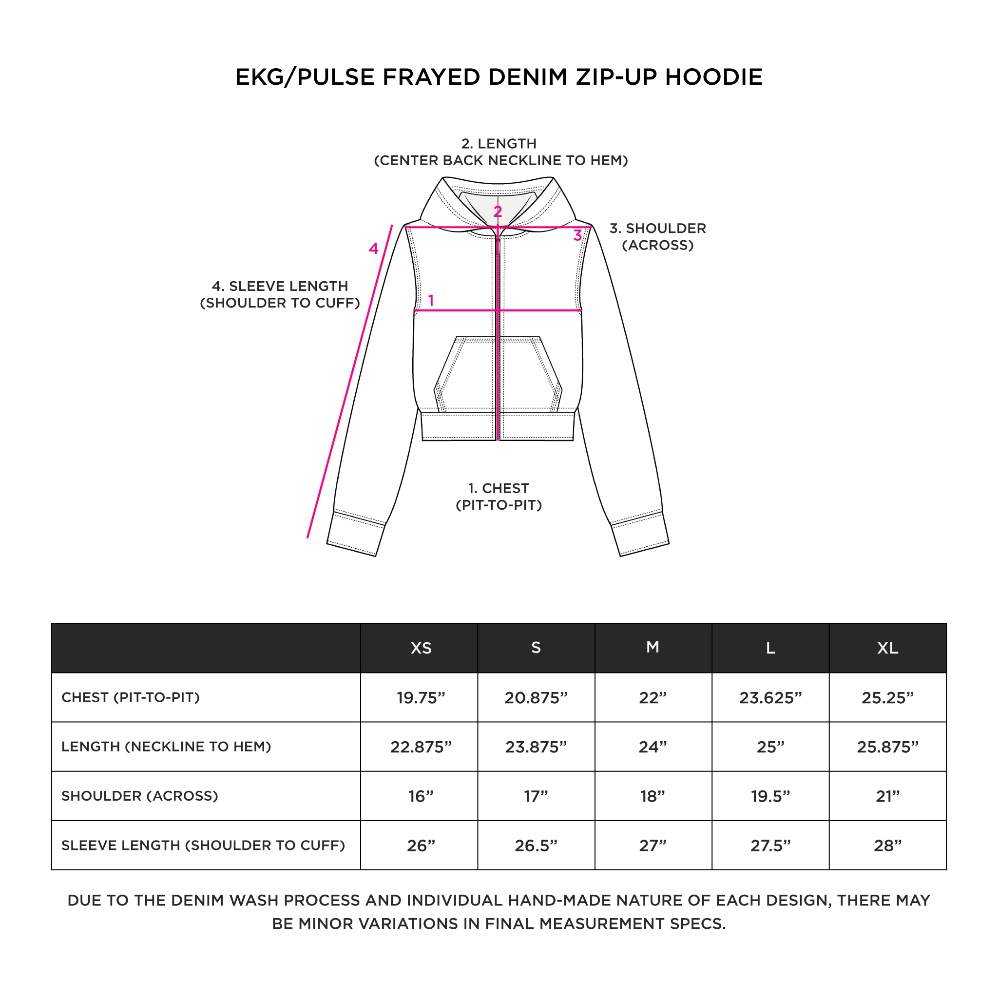 'EKG/PULSE' WASHED INDIGO DENIM ZIP-UP HOODIE Size Guide