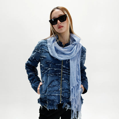'EAU DE PARFUM' WASHED INDIGO FRAYED DENIM JACKET