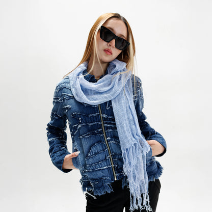 'EAU DE PARFUM' WASHED INDIGO FRAYED DENIM JACKET