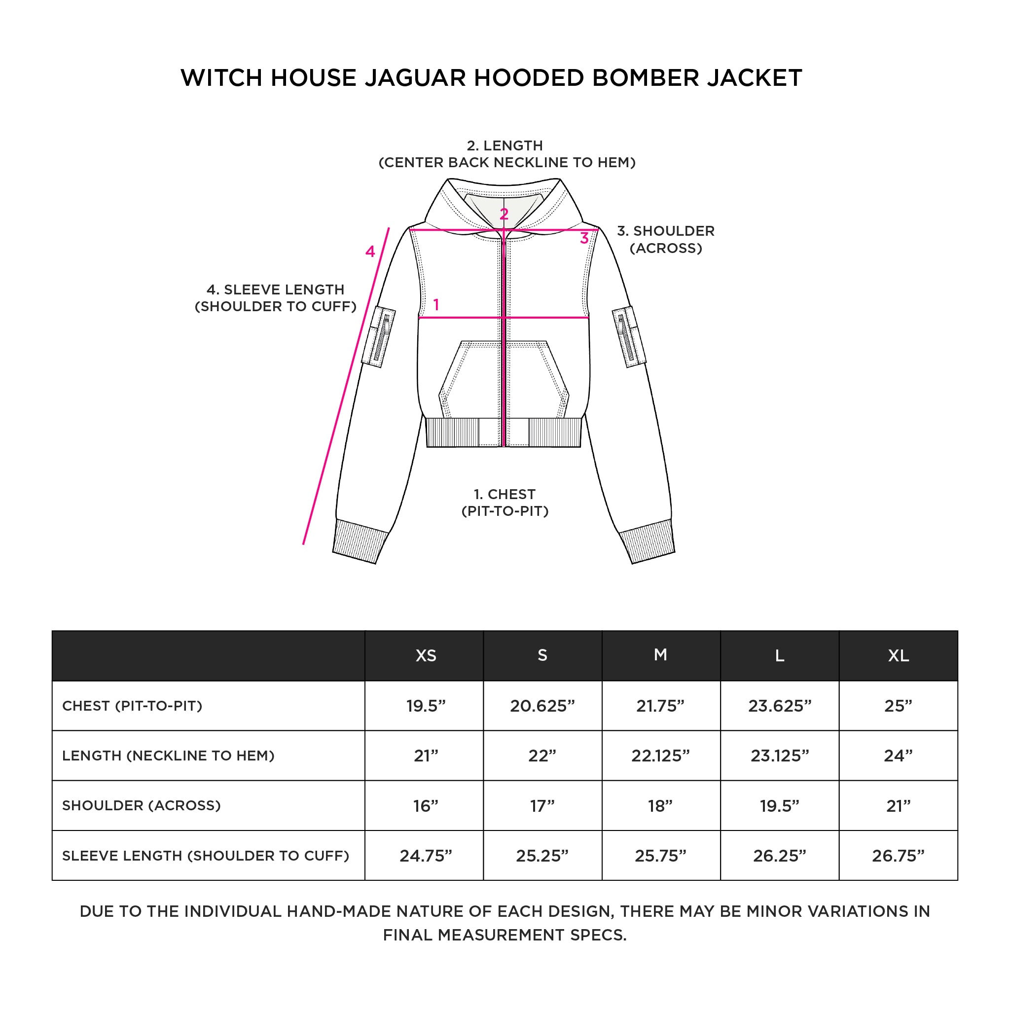 'WITCH HOUSE' JAGUAR PRINT HOODED BOMBER JACKET Size Guide