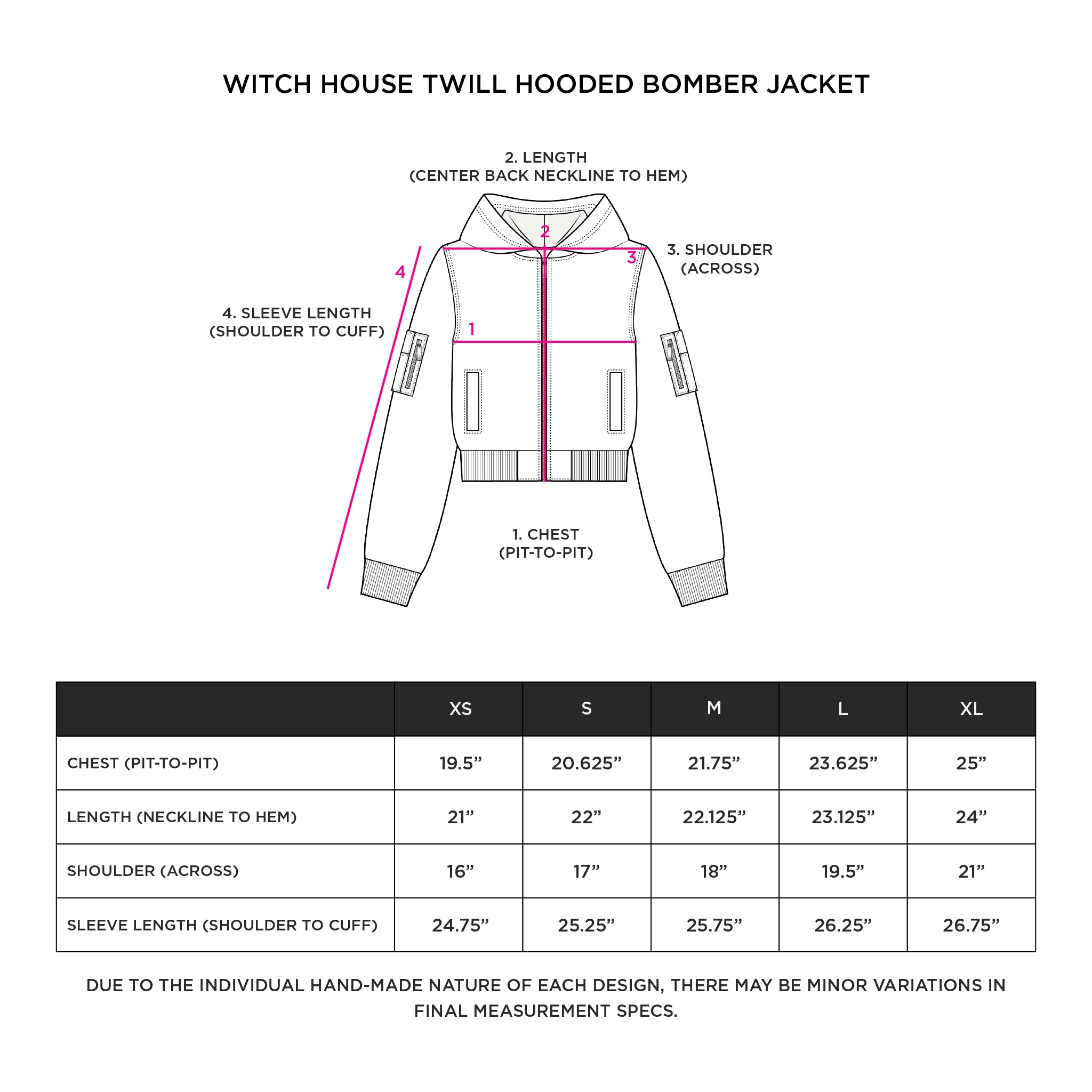 'WITCH HOUSE' PINK TWILL HOODED BOMBER JACKET Size Guide